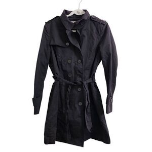 Zara Basic Trench Coat‎ Womens Large Black Classic Long Jacket Bloggers Favorite